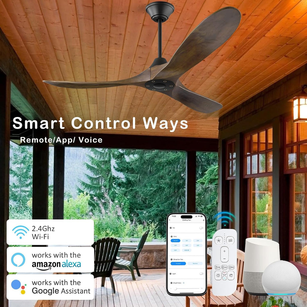 52 Inch Outdoor Ceiling Fan for Patios Damp Rated, Smart Wood 3 Blades Propeller Ceiling Fans No Light Quiet Reversible DC Motor with Large Airflow for Indoor Work with Alexa Voice/Google/App