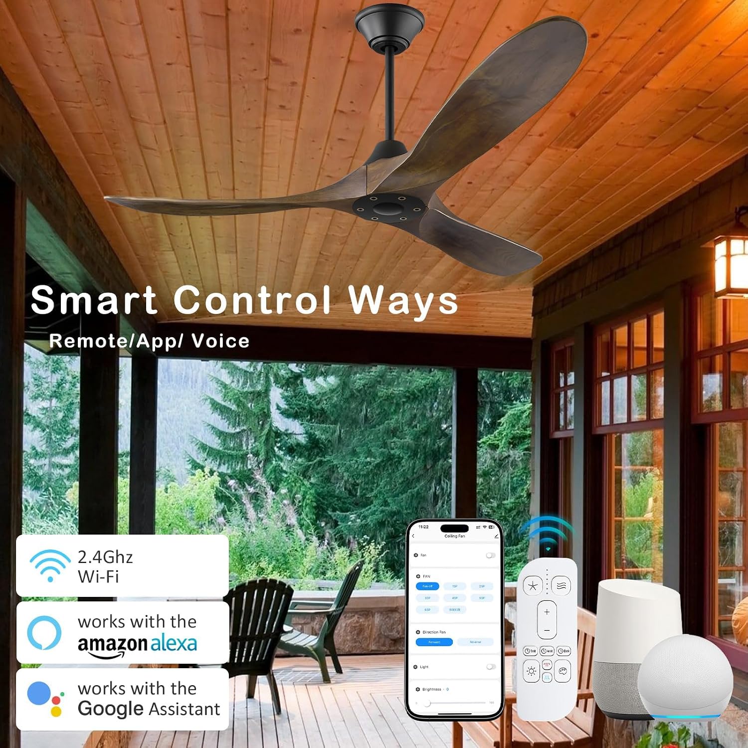 52 Inch Outdoor Ceiling Fan for Patios Damp Rated, Smart Wood 3 Blades Propeller Ceiling Fans No Light Quiet Reversible DC Motor with Large Airflow for Indoor Work with Alexa Voice/Google/App