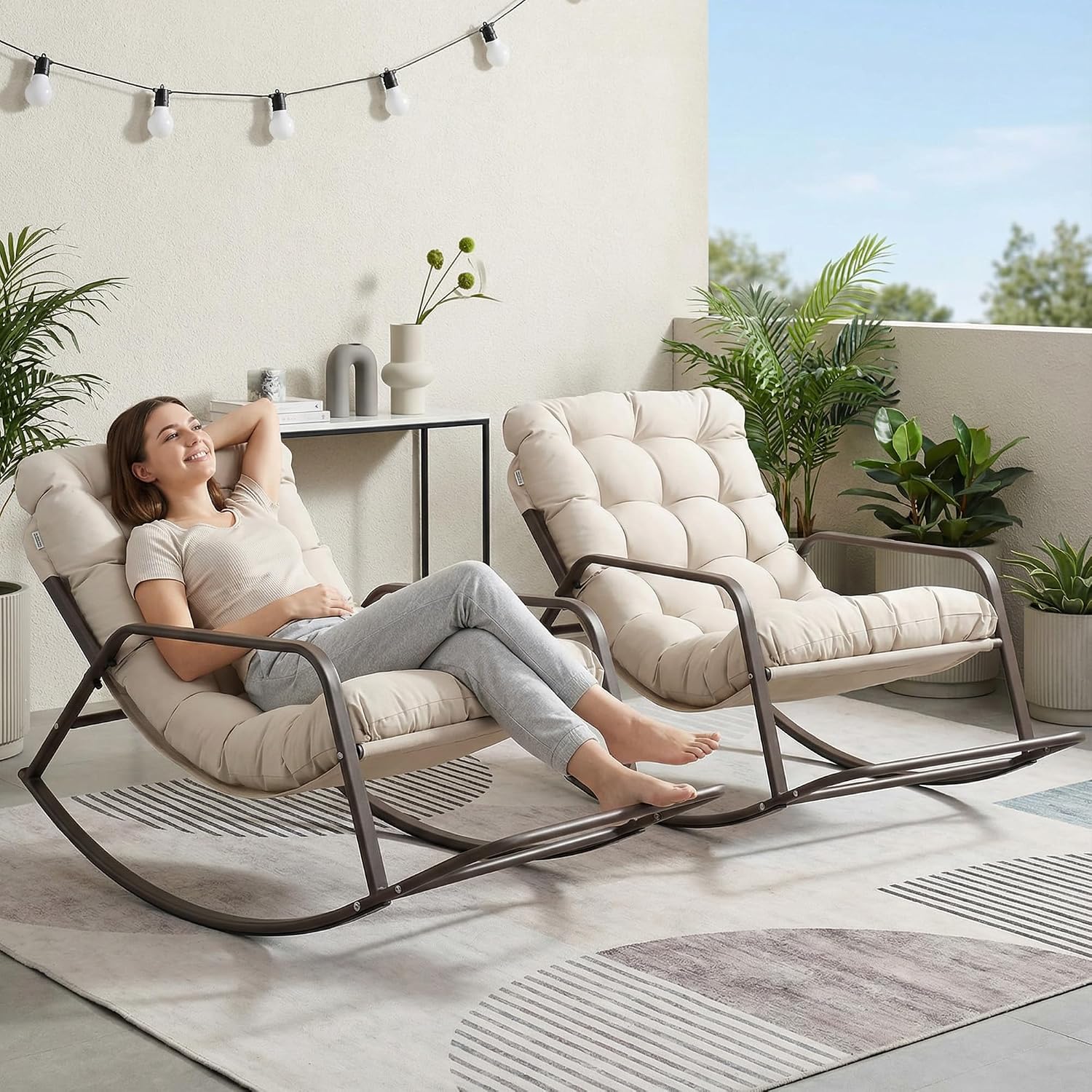 BULEXYARD Beige 2 Pcs Oversized Indoor Outdoor Lounge Royal Rocking Chair with Armrest Footrest for Napping Relaxing, Heavy Duty Patio Reclining Papasan Rocker Chair with Padded Cushion