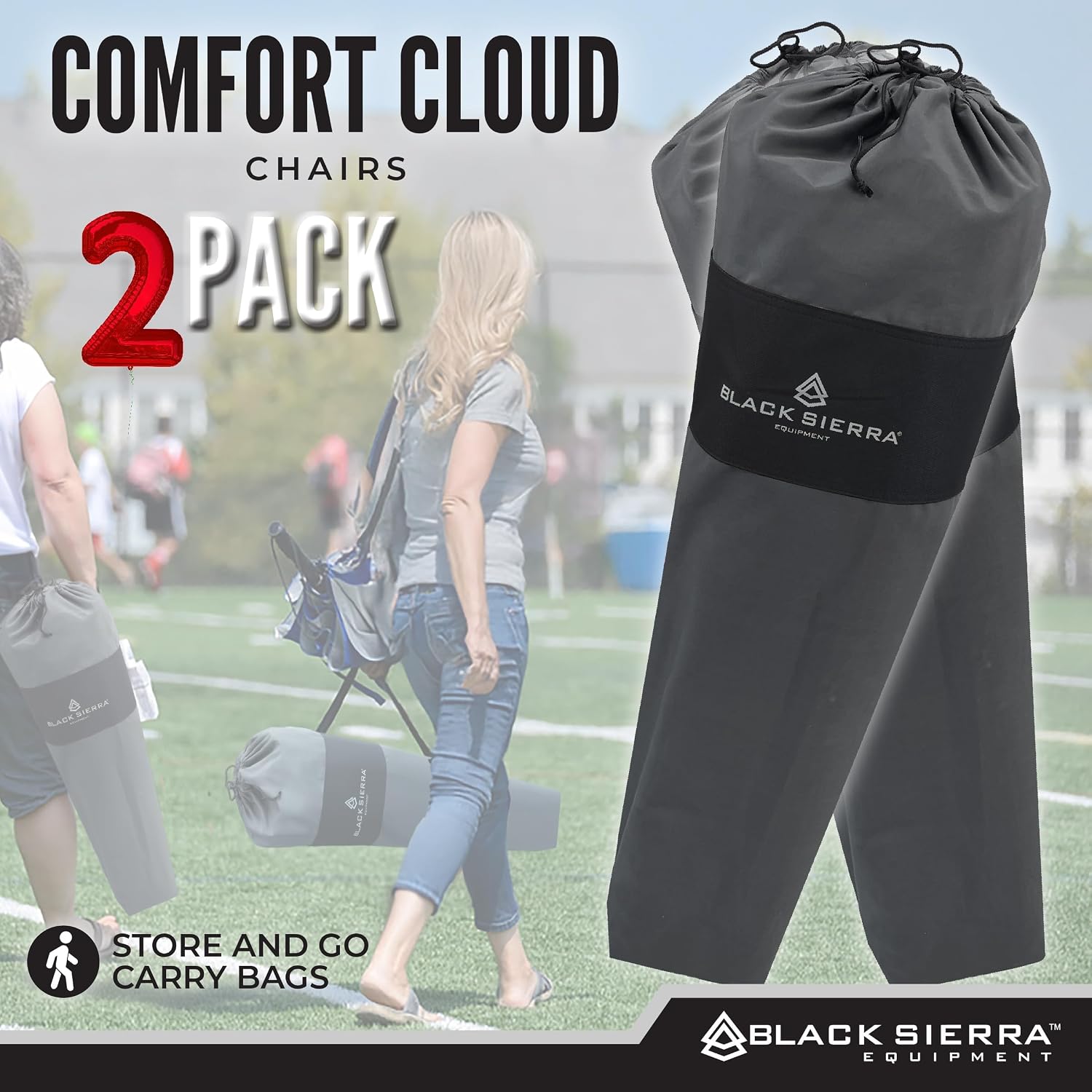 Black Sierra Plush XL Padded Camping Chairs for Adults, 2-Pack Oversized Heavy Duty Folding Seats Supports 400 lbs, Duo Plush Comfort with Cup Holders & Carry Bag for Camping, Tailgating, Patio, RV