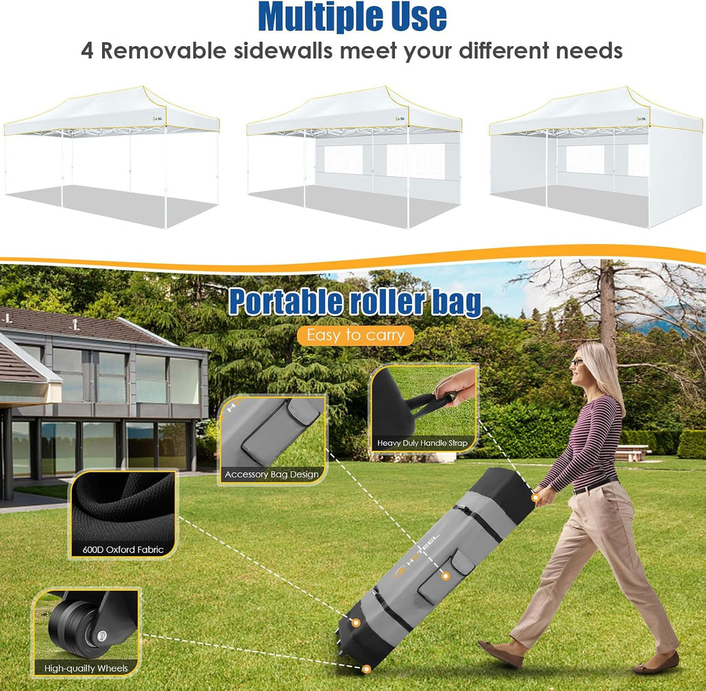 HOTEEL 10x20 Heavy Duty Pop Up Canopy Tent with 4 Sidewalls, Easy Setup Tent for Parties, Outdoor Commercial Instant Gazebo for Wedding Event, with Roller Bag & Sand Bags, White(Hexagonal Frame)