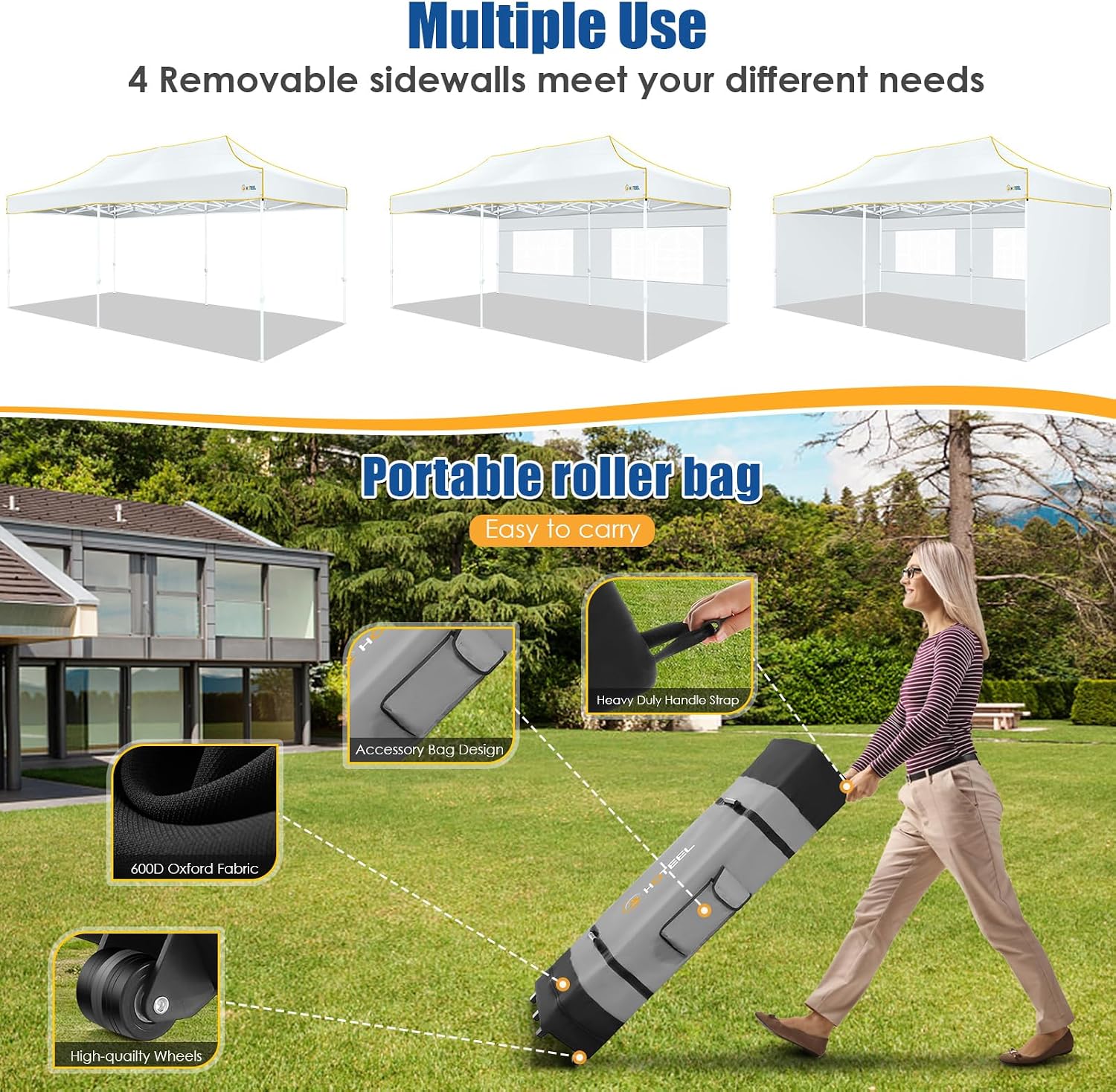 HOTEEL 10x20 Heavy Duty Pop Up Canopy Tent with 4 Sidewalls, Easy Setup Tent for Parties, Outdoor Commercial Instant Gazebo for Wedding Event, with Roller Bag & Sand Bags, White(Hexagonal Frame)