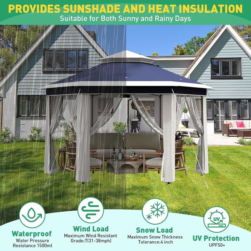 13'x13' Pop Up Gazebo with Mosquito Netting, Canopy Tent with Portable Carry Bag, Outdoor Gazebo for Backyard & Patio Furniture, Double-Layer Outdoor Pergola for Lawn, Garden, Blue