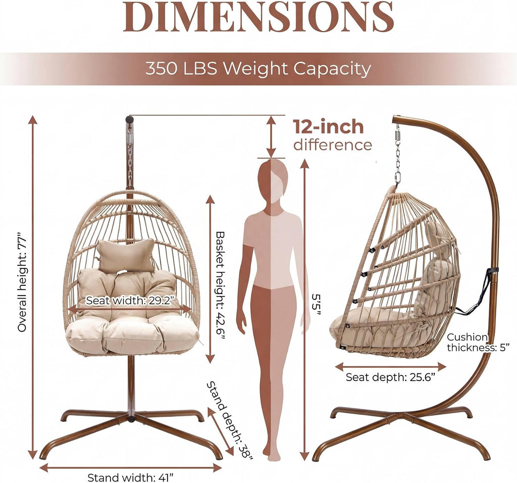 NICESOUL Cozy Hanging Egg Chair with Stand Indoor Outdoor, Wicker Patio Basket Swing Chair with Cushion and Golden Legs, 350lbs Durable Sturdy Egg Hammock Chairs for Deck Balcony Backyard Porch, Cream