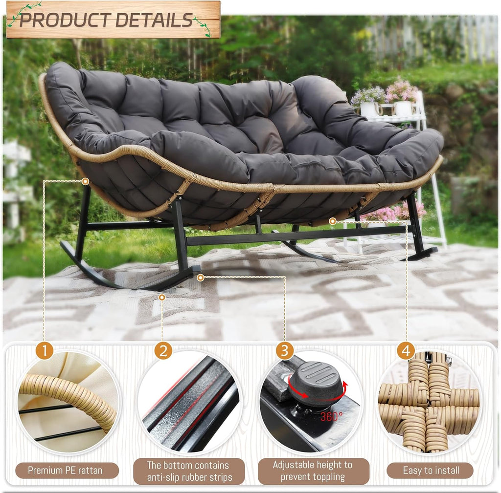 BULEXYARD Double Papasan Rocking Chair Indoor Outdoor, 2 Person Wicker Rocking Egg Chair with Dark Grey Thick Cushion, Oversized Large Patio Lounge Loveseat for Balcony, Porch, Garden, Lawn