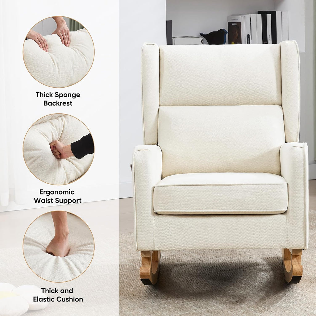 HCHAIRH Nursery Rocking Chairs, Rocking Chair Nursery for Mom Nursery Rocker with High Backrest and Solid Wood Legs, Beige Modern Wingback Accent Chairs for Reading Living Room Bedroom