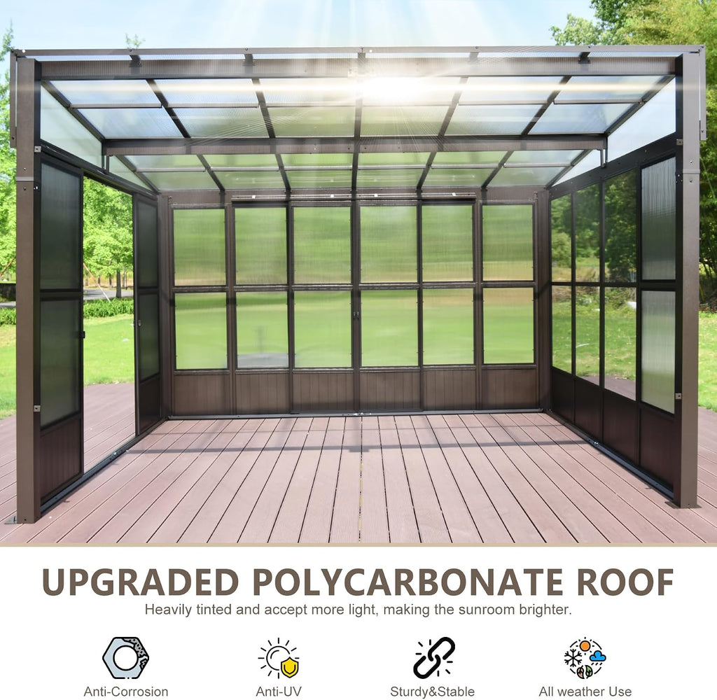 Domi Lean-to Sunroom 10x12FT, Wall Mounted Solarium with Sloping Polycarbonate Roof, Detachable Polycarbonate Screens, 2 Lockable Sliding Doors, Aluminum Gazebo Against Wall Sun Room for Patio Deck
