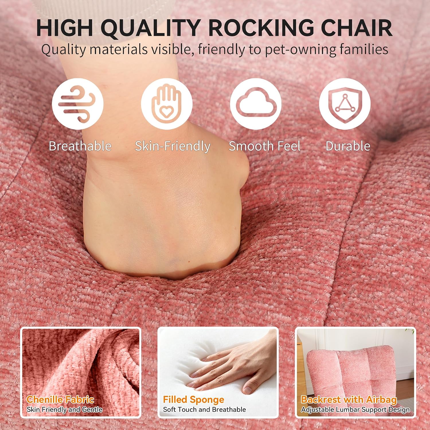 Rocking Chair with Airbag, Comfy Modern Reading & Nursing Nursery Rocking Chair Indoor, Cozy Upholstered Glider Rocker Chairs for Living Room Bedroom Offices, (Chenille, Pink)