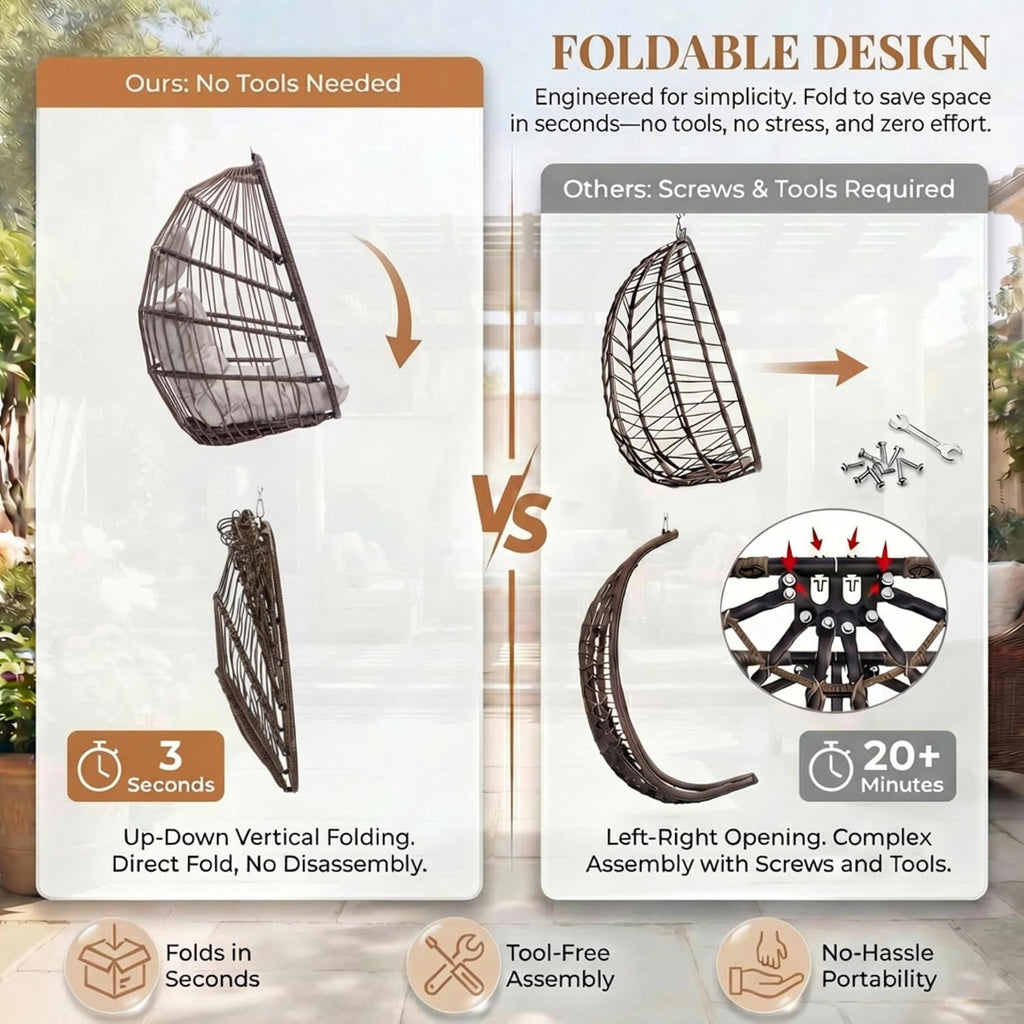 RADIATA Wicker Egg Swing Chair with Stand for Outside, Outdoor Comfy Hanging Egg Patio Chairs with Thick Cushion, 350Lbs Durable Swinging Rattan Chair for Bedroom Porch Backyard Balcony, Brown, Tan