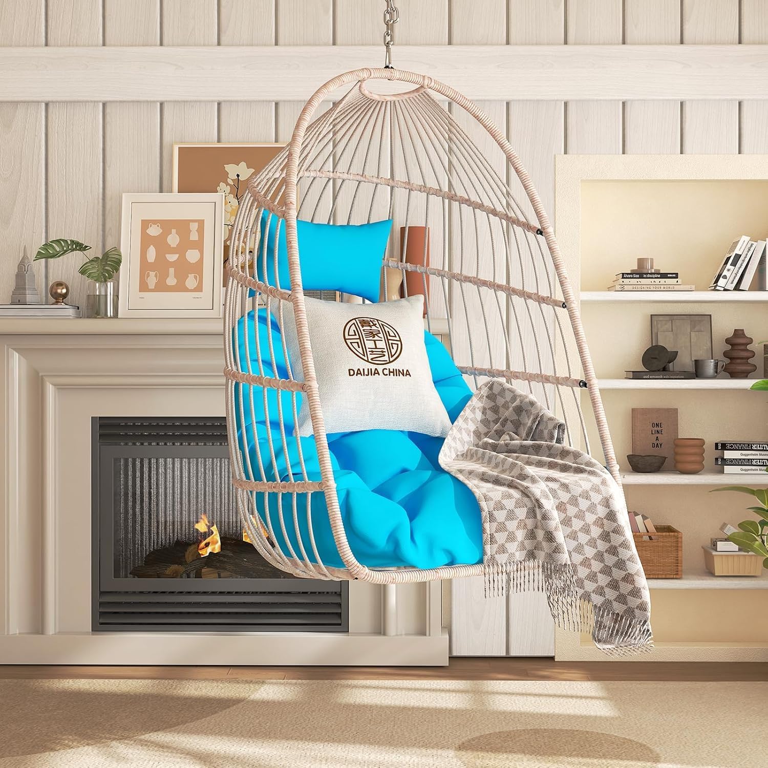 Hanging Egg Chair with Pillow, HDPE Rattan Foldable Swing Chair with Aluminum Frame & UV Resistant Cushion, Hammock Egg Basket Without Stand for Indoor Outdoor, 350Lbs Capacity, Cyan Blue