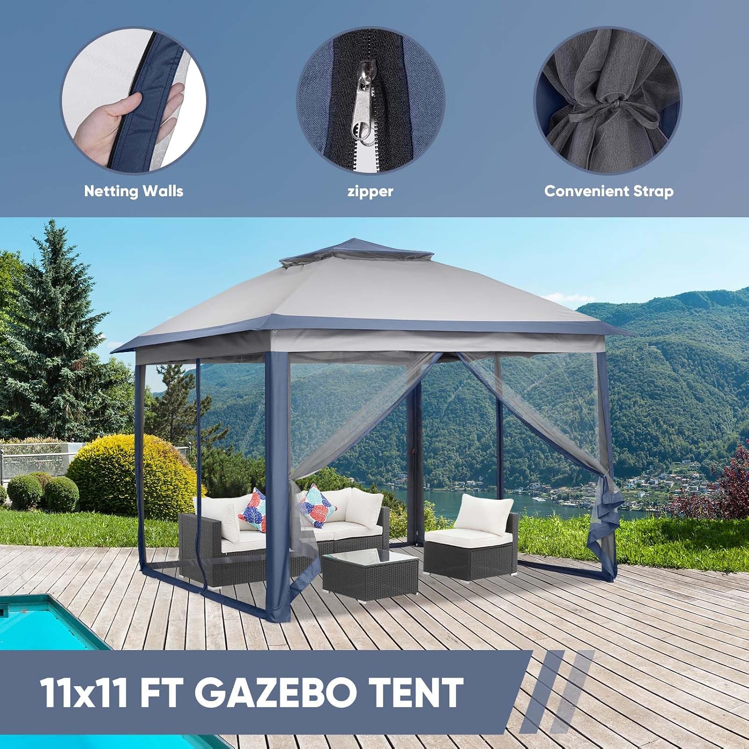 11x11 FT Gazebo Tent, Outdoor Tents for Parties with Mosquito Netting, Folding Heavy Duty Height Adjustable Canopy Tent for Patio Backyard Garden (Blue)