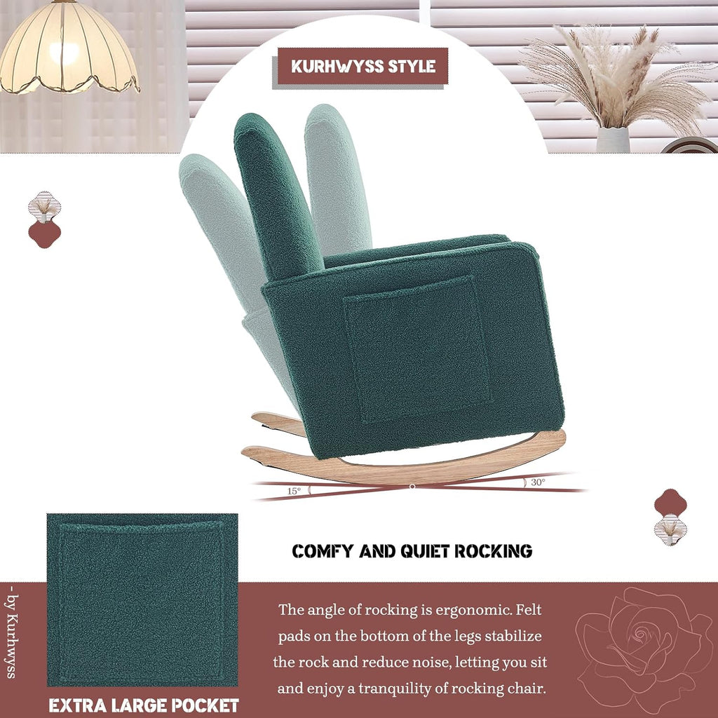Modern Rocking Chair Nursery, Comfy Glider Nursery Chair with Foot Rest, Upholstered Rocker with Pocket, Accent Reading Armchair with Solid Wood Base for Living Room, Bedroom, Lounge Room (Green)