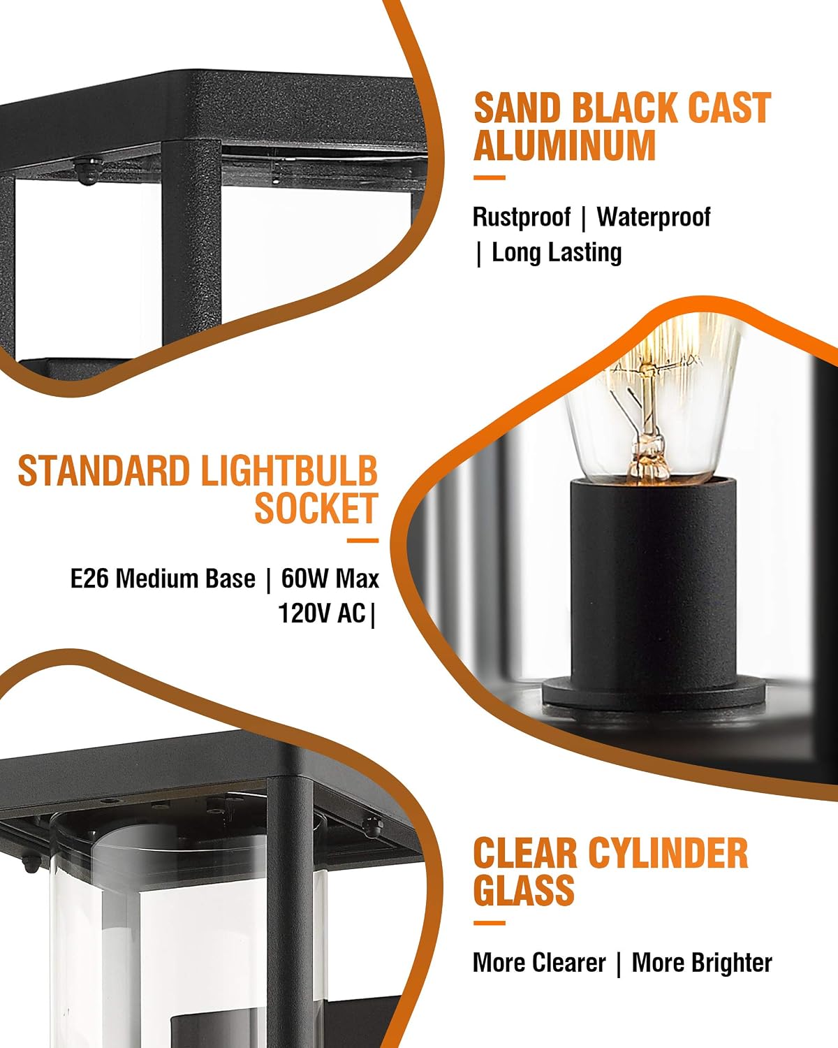 Beionxii Dusk to Dawn Outdoor Wall Lights, Modern Exterior Wall Sconces Porch Lantern, Black Cast Aluminum w/Clear Cylinder Glass - A291W-2PK