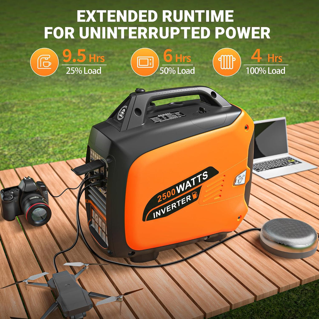 2500W Portable Inverter Generator, Super Quiet Long Runtime Gas Generator for Home Use, with CO Sensor, Parallel Capable, for Camping, RV, Tailgating, Emergency Backup, EPA Compliant (Orange)