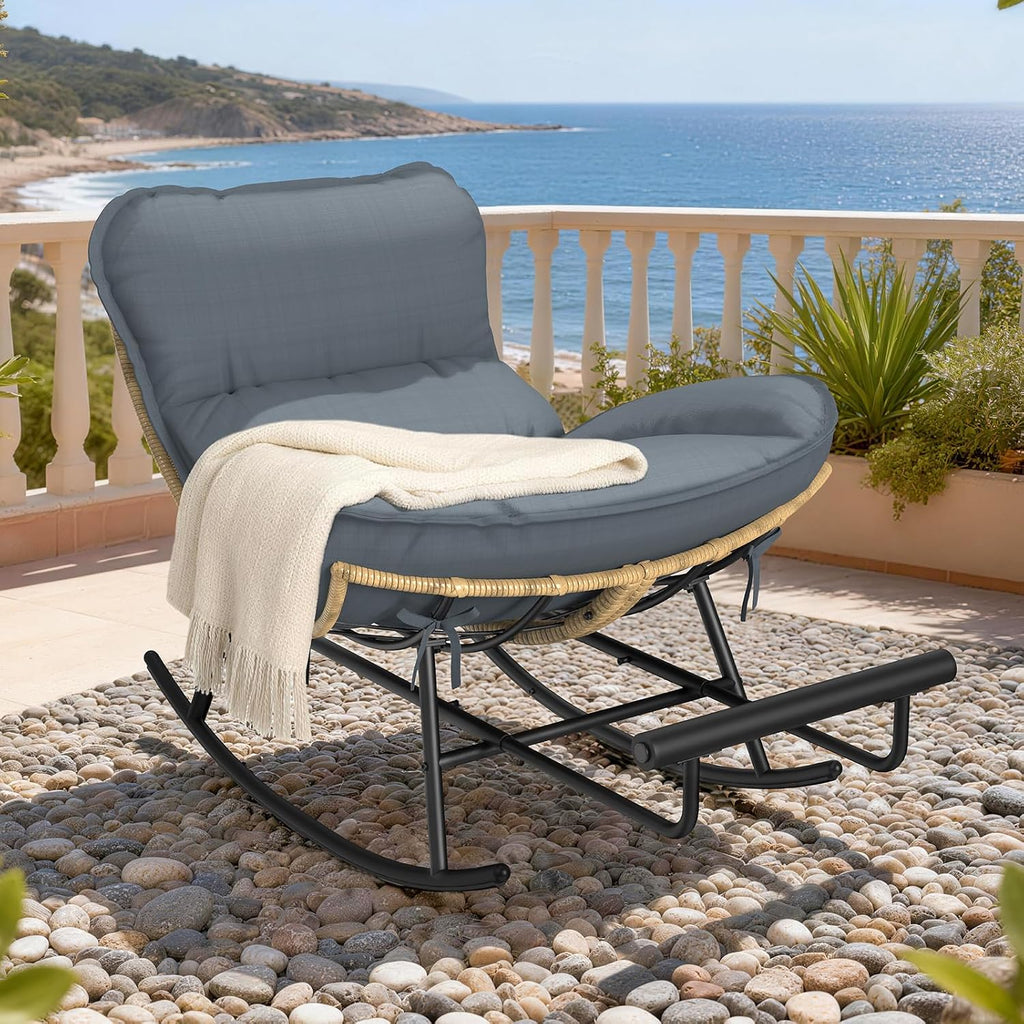 ZENPETIO Outdoor Rocking Chair - Oversized Metal Frame Papasan Rocking Chair with All Weather PE Wicker Rattan Rocker and Footrest for Patio, Balcony, Porch, Lawn and Living Room - Grey