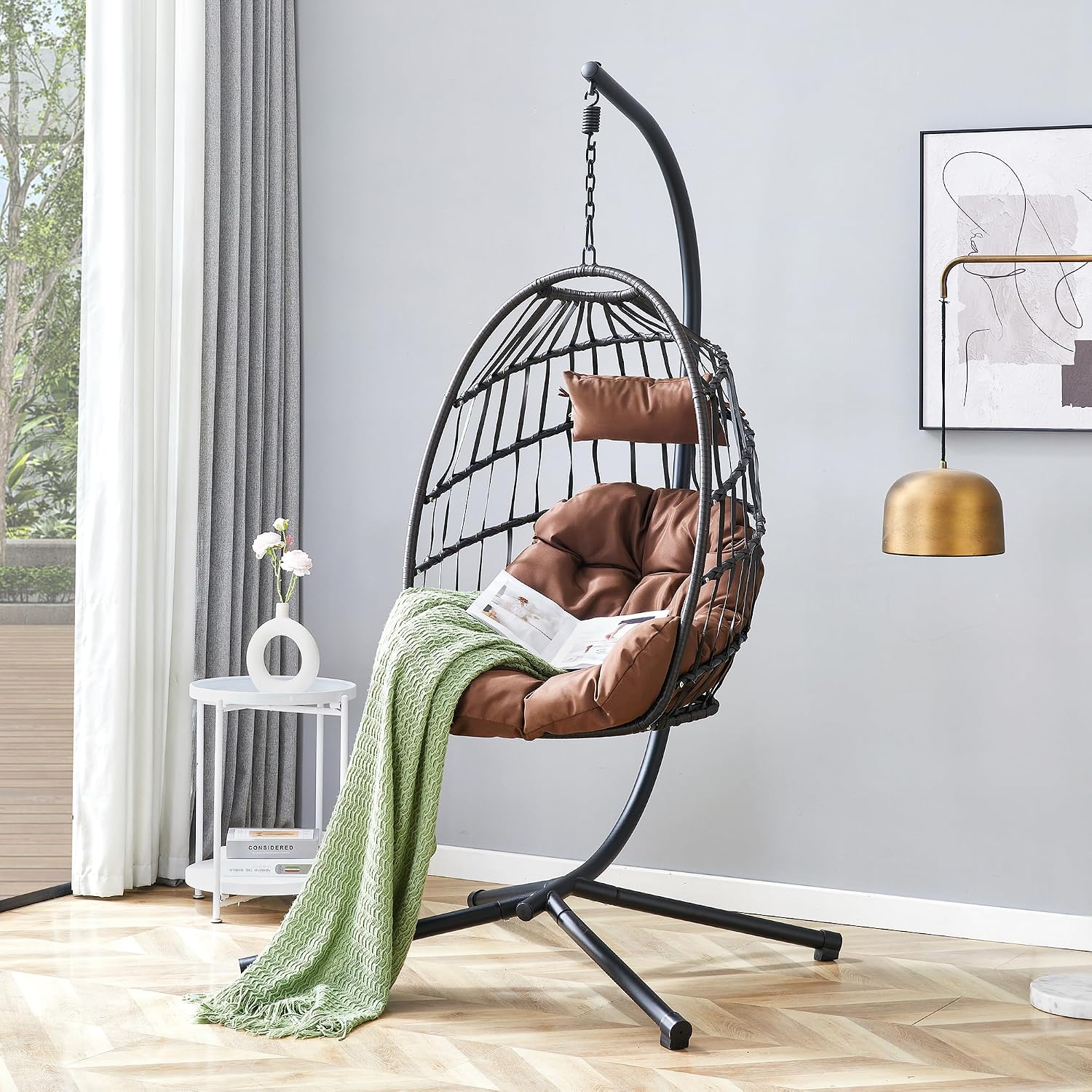 Hanging Egg Chair with Stand, Outdoor Swing Chair with Cushion and Headrest, Rattan Egg Chair for Backyard, Balcony, Indoor, 300lbs Capacity, Black