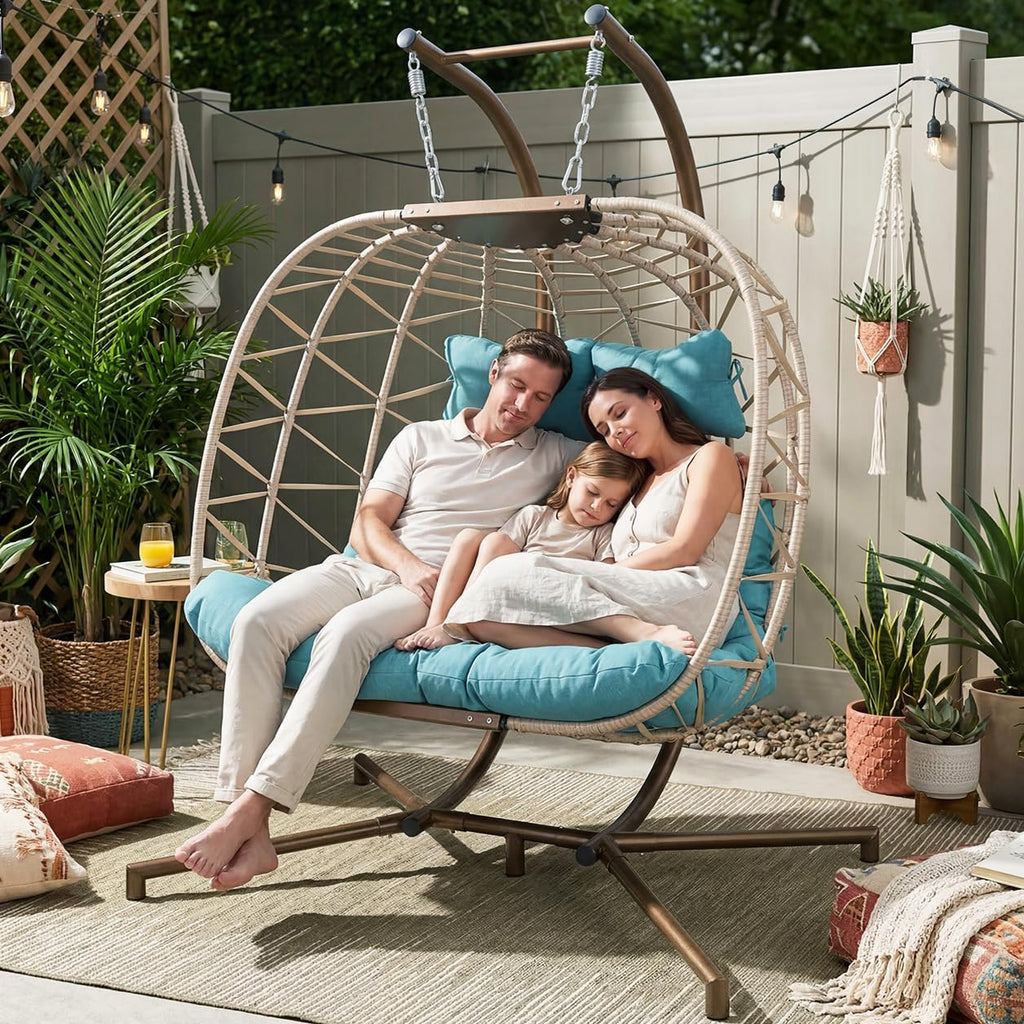 BULEXYARD Double Egg Chair with Stand Indoor Outdoor 2 Person Large Wicker Hanging Swing Chair Oversized Twins Patio Loveseat 2 Seat Beige Rattan Light Green Cushions