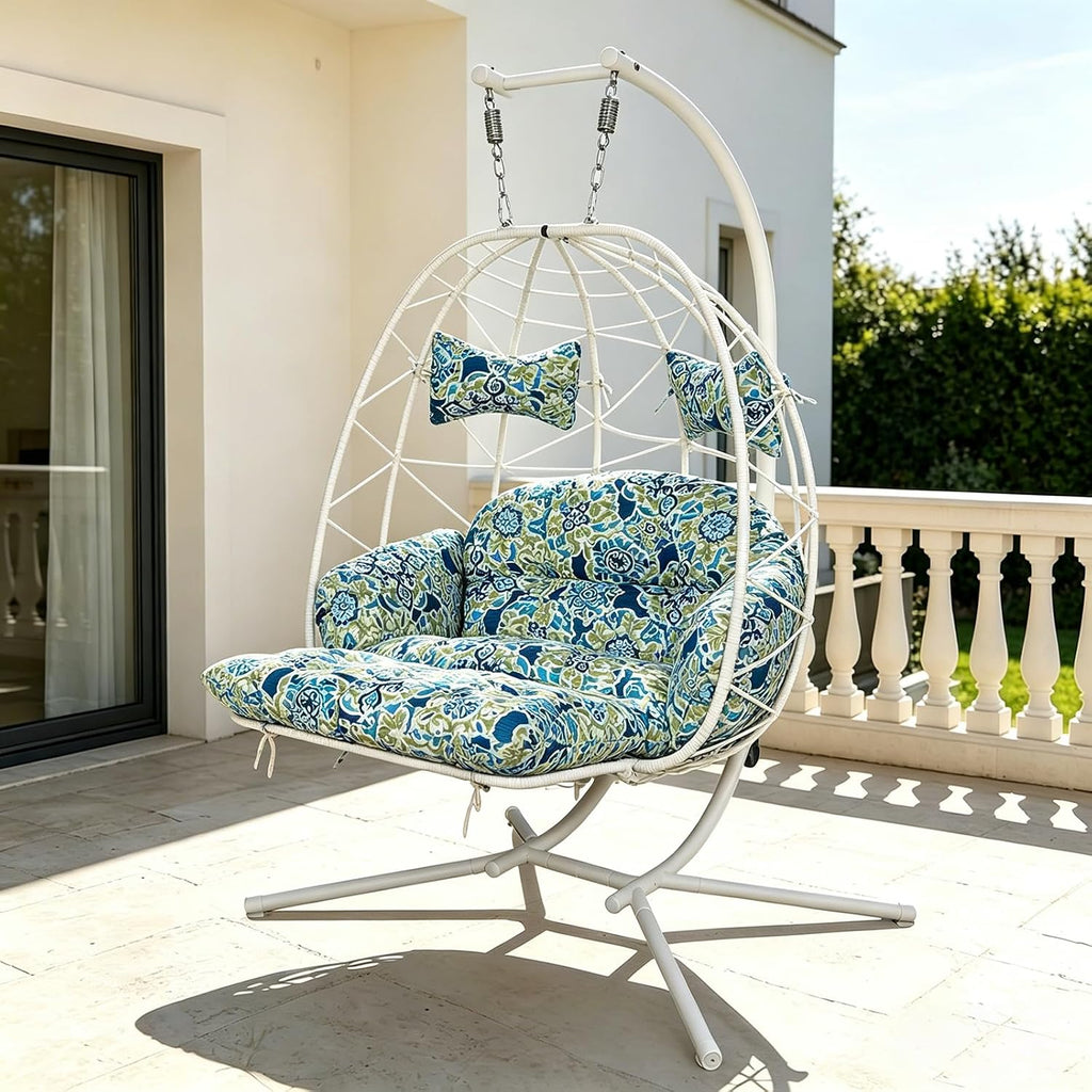 Double Outdoor Egg Chair with Stand, 2 Person Hanging Egg Chair with Adjustable Footrest Outdoor, Oversized Wicker Hammock Swing Chair with Thickened Cushions, 660Lbs (White Frame Patterned Cushion)