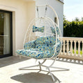 Double Outdoor Egg Chair with Stand, 2 Person Hanging Egg Chair with Adjustable Footrest Outdoor, Oversized Wicker Hammock Swing Chair with Thickened Cushions, 660Lbs (White Frame Patterned Cushion)