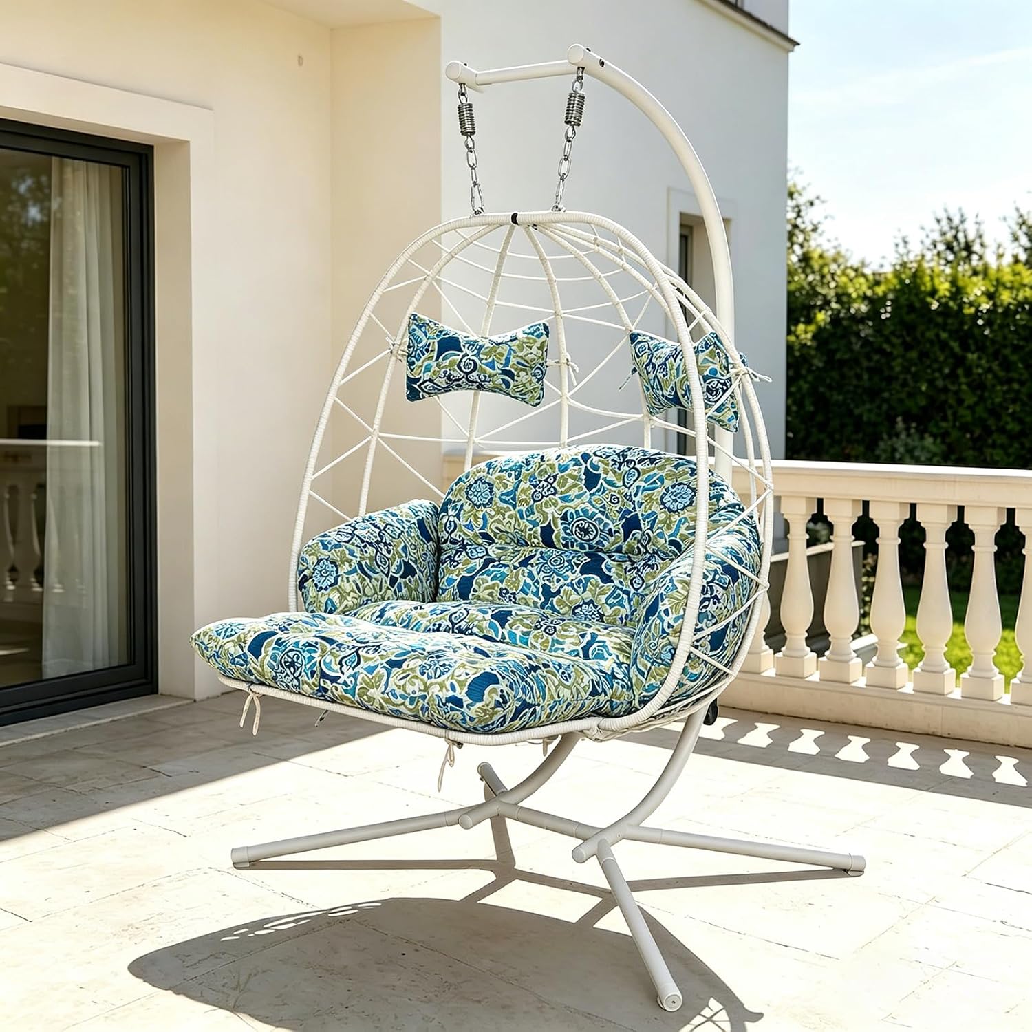 Double Outdoor Egg Chair with Stand, 2 Person Hanging Egg Chair with Adjustable Footrest Outdoor, Oversized Wicker Hammock Swing Chair with Thickened Cushions, 660Lbs (White Frame Patterned Cushion)