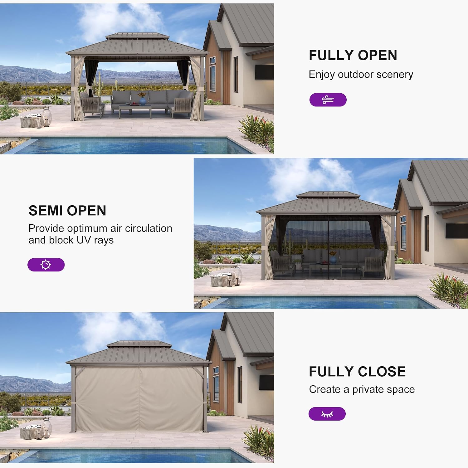 PURPLE LEAF 10' x 14' Outdoor Hardtop Gazebo with 7 Pieces Outdoor Dining Set, Champagne Aluminum Gazebo with Galvanized Steel Double Roof, Curtains and Netting for Patio Lawn and Garden