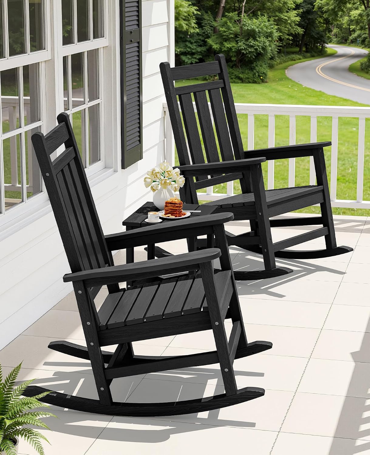 KINGYES Oversized Outdoor Rocking Chair Set of 6, All-Weather Patio Rocking Chairs for Porch, HDPE Outdoor Patio Rockers with High Back & Wide Seat for Garden, Lawn, Black