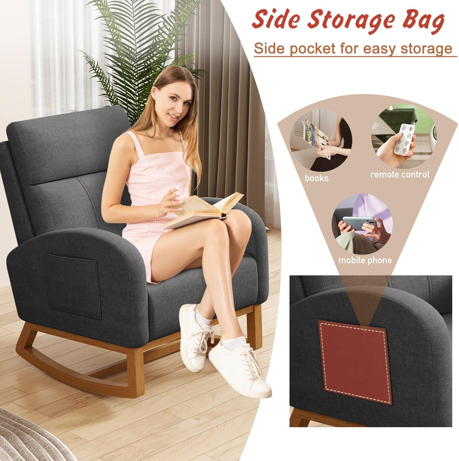 Gaussen Glider Rocking Chair Nursery Comfy Accent Chair with High Backrest Upholstered Living Room Chairs with Pocket Armchair Reading Chair for Bedroom Office (Grey)