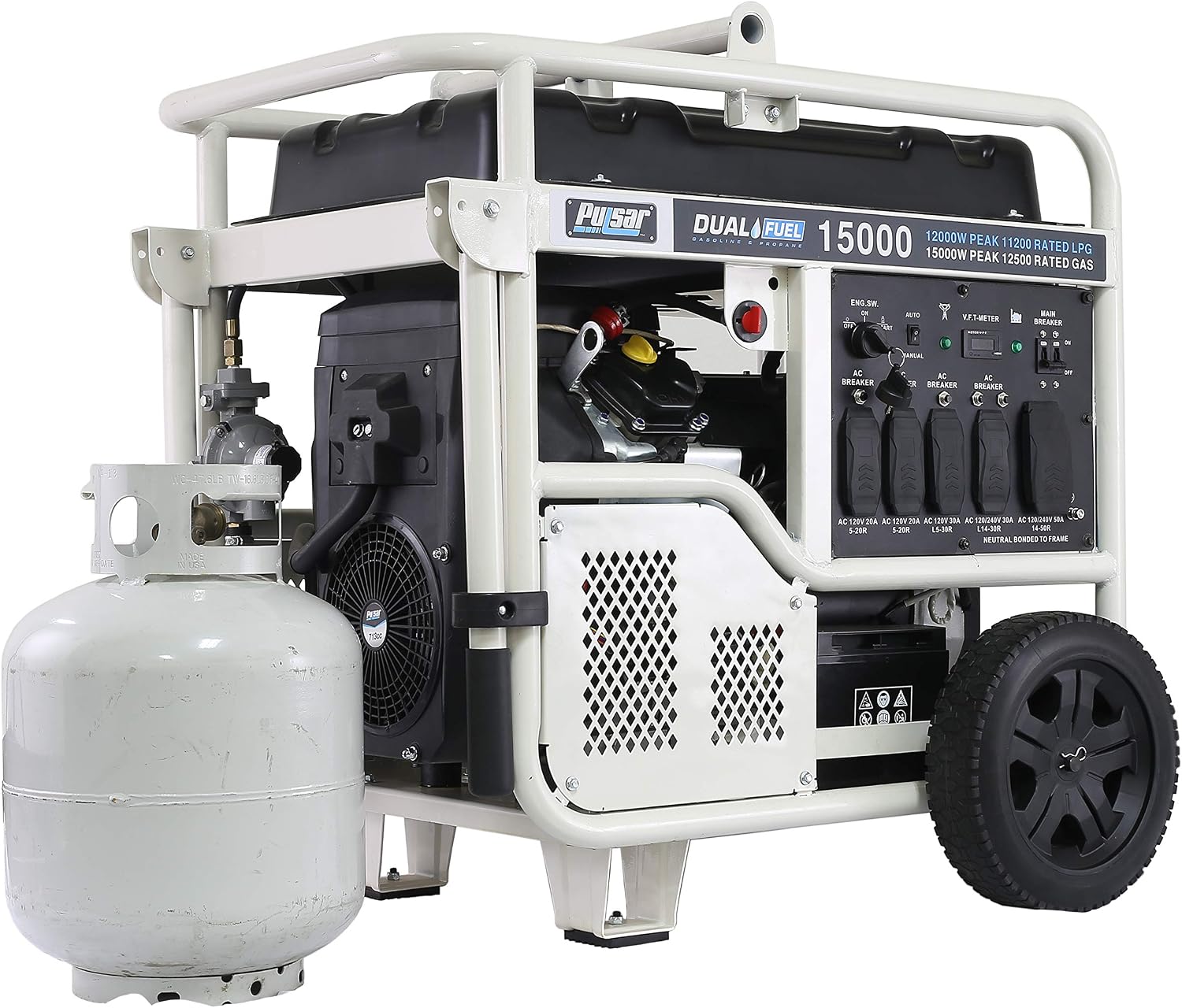 Pulsar PG15KVTWB 15,000W Dual Fuel Portable Generator, Gas or Propane, 713cc V-Twin Engine, Electric Start, 120V/240V, 50A Outlet