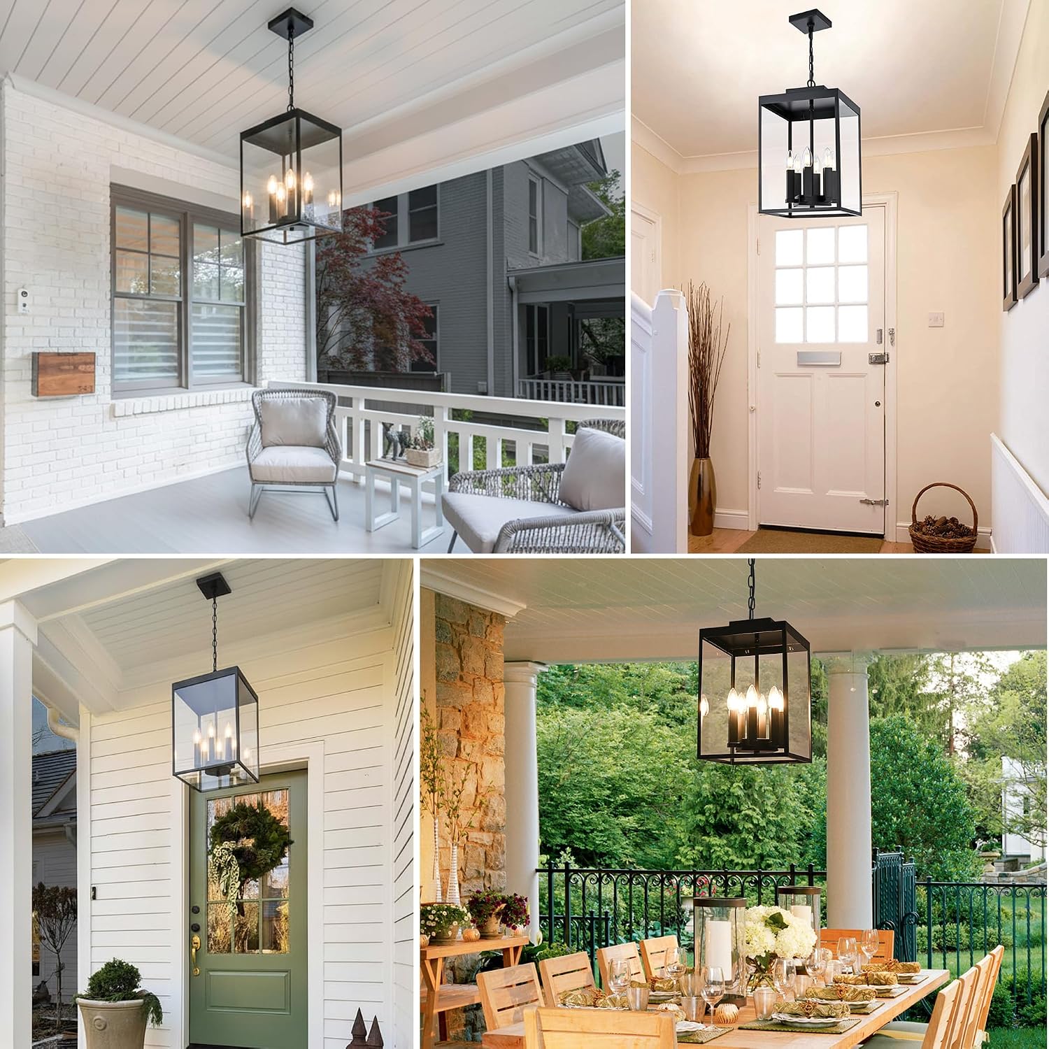 MELUCEE 16'' Large Outdoor Pendant Light Fixture, 6-Light Outdoor Chandelier for Porch Black Lantern Pendant Lights with Clear Glass Exterior Ceiling Lights Hanging for Porch Patio Gazebo Entrance