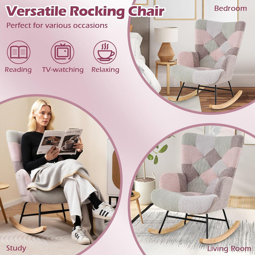 Giantex Rocking Chair Nursery, Boucle Upholstered Glider Rocker w/Ergonomic High Backrest, Rubber Wood Legs & Side Pocket, Patchwork Modern Accent Chair for Bedroom, Living Room, Offices