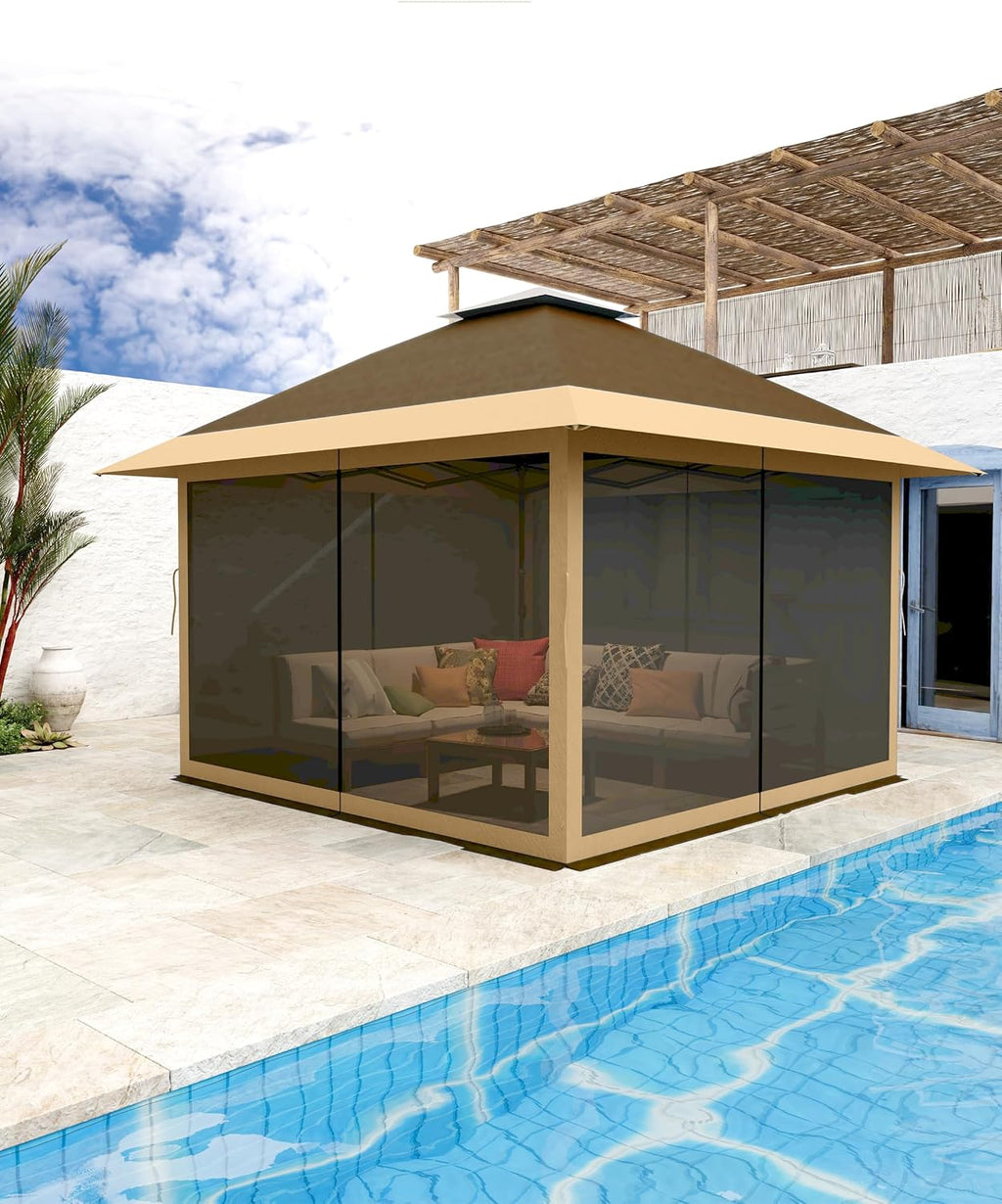 KYBOLT 13x13 Pop Up Gazebo Outdoor Canopy Shelter with Mosquito Netting 4 Stanbags Instant Gazebo Tent for Lawn, Garden, Backyard Deck (Khaki + Dark Khaki)
