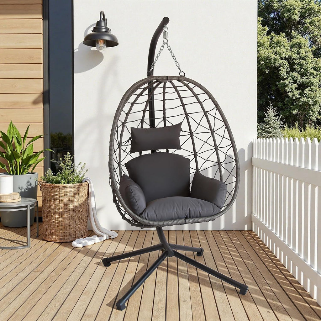 JOINFUN Egg Chair with Stand, Patio Wicker Hanging Swing Egg Chair Thickened, Galvanized Pipe Steel Frame and UV Resistant Cushion for Bedroom Garden Indoor Outdoor, 350LBS Capacity (Drak Grey)