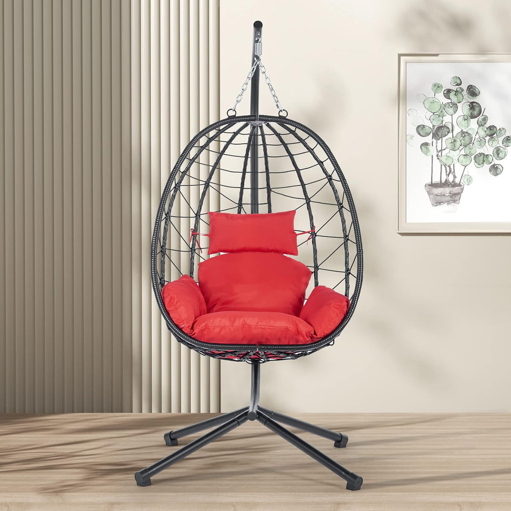 ZSQ Hanging Egg Chair with Stand, Indoor Outdoor Wicker Patio Swing Chair, All-Weather with Cushion (Red)