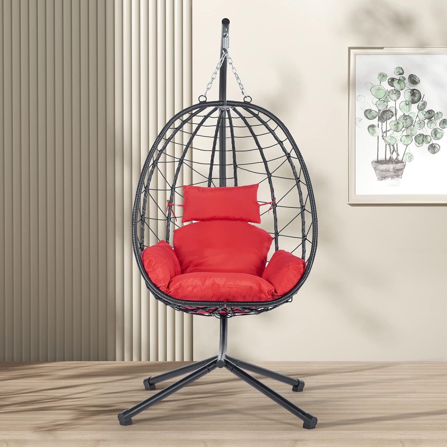 ZSQ Hanging Egg Chair with Stand, Indoor Outdoor Wicker Patio Swing Chair, All-Weather with Cushion (Red)