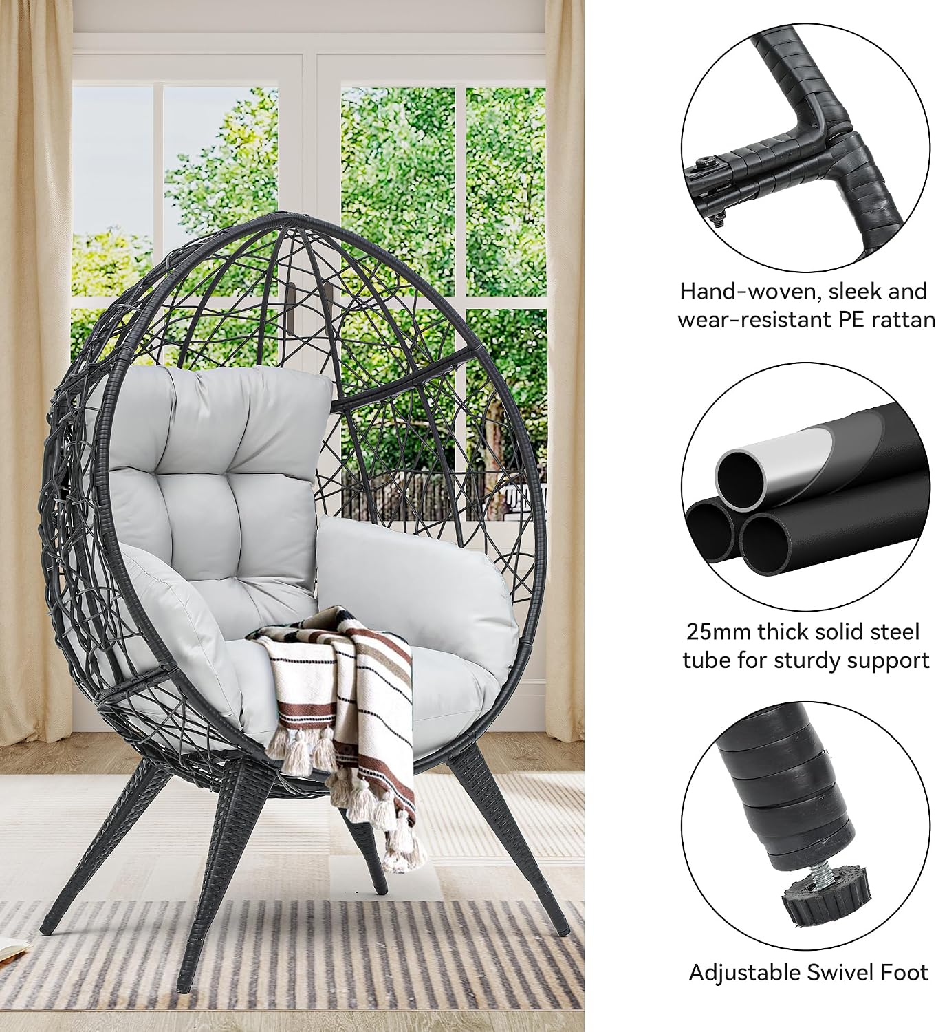 YITAHOME Large Wicker Egg Chair with Stand for Indoor and Outdoor, Cushion, and Adjustable Leveling Feet, Large Lounger for Garden, Patio, Balcony, Backyard,Supports up to 330lbs, Gray