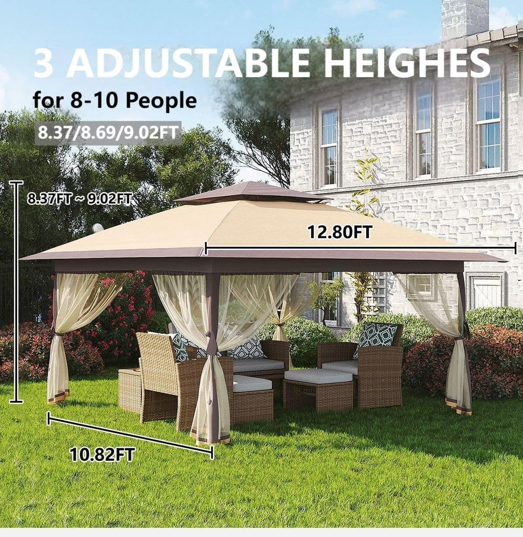 13x13FT Outdoor Pop Up Gazebo, Patio Gazebo with Mosquito Netting and Double Roof, 3 Adjustable Heights Foldable Tent Shelter Quick Setup, for Patio, Garden, Backyard, Party, Deck (Khaki)
