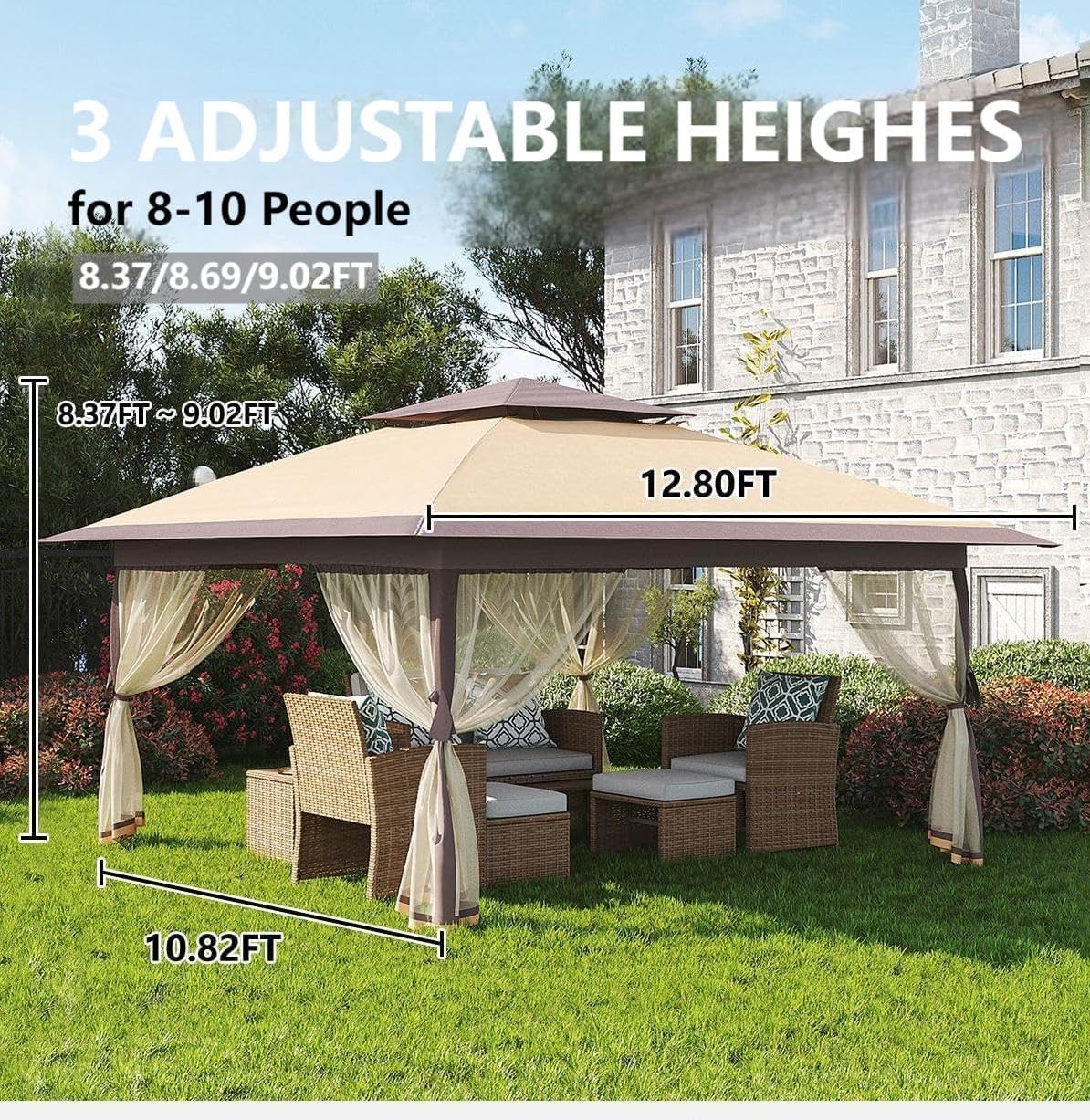 13x13FT Outdoor Pop Up Gazebo, Patio Gazebo with Mosquito Netting and Double Roof, 3 Adjustable Heights Foldable Tent Shelter Quick Setup, for Patio, Garden, Backyard, Party, Deck (Khaki)