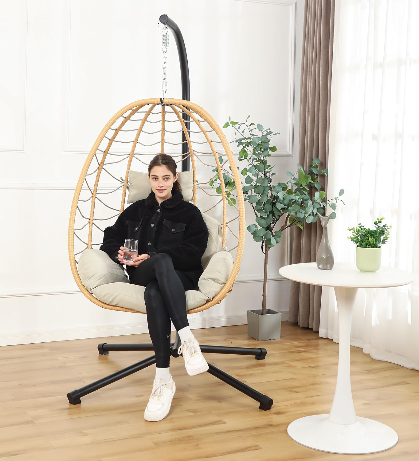 DoubleTT Egg Chair with Stand, Swing Chair Hanging Chair Nest Basket, UV Resistant Removable & Washable Cushions,350LBS Capacity for Bedroom, Balcony, Garden（YE-BE