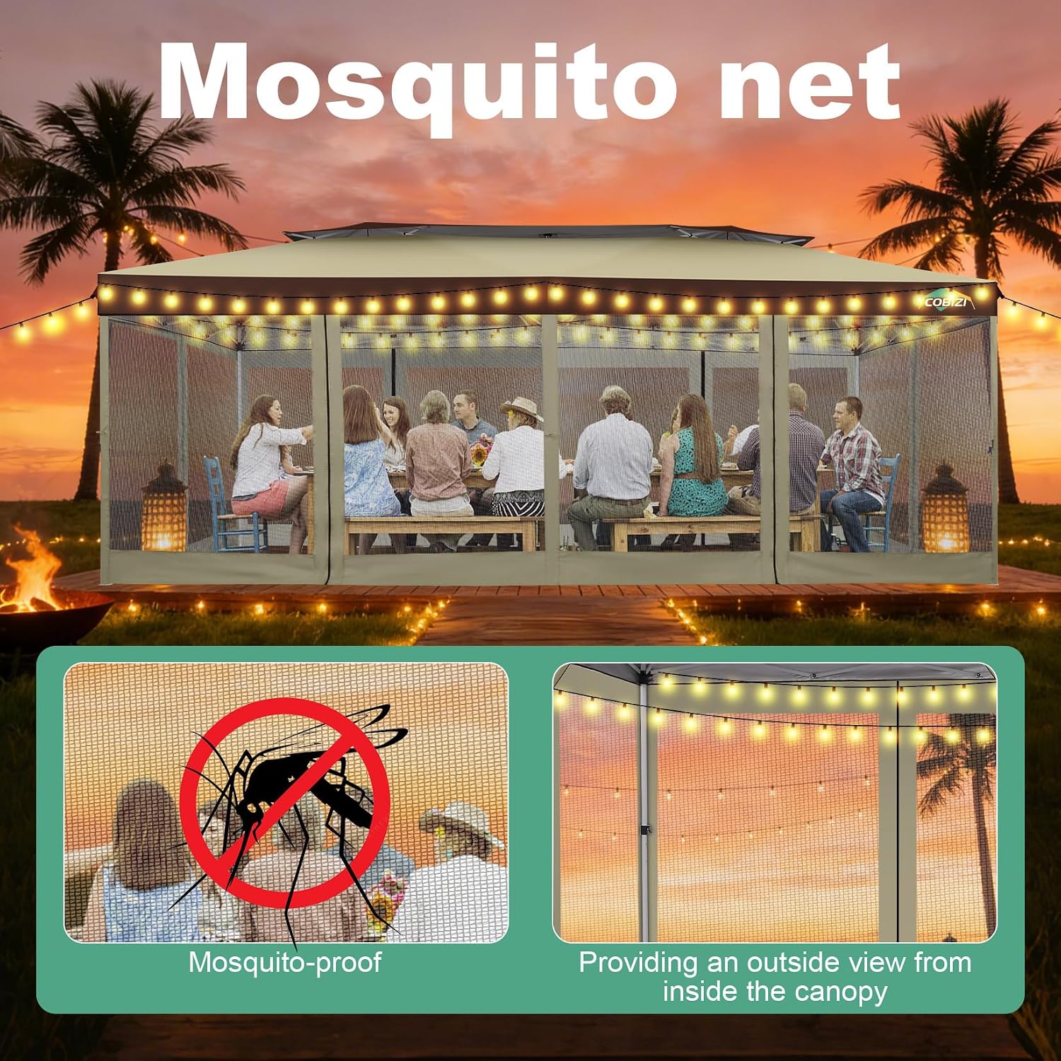 COBIZI 10x20 Pop up Gazebo, One-Push Setup Canopy Tent with Mosquito Netting & Vented Roof Design, Upgrade Metal Easy up Canopy Carpa Outdoor Gazebos for Backyard Camping Deck Party(Khaki & Brown)