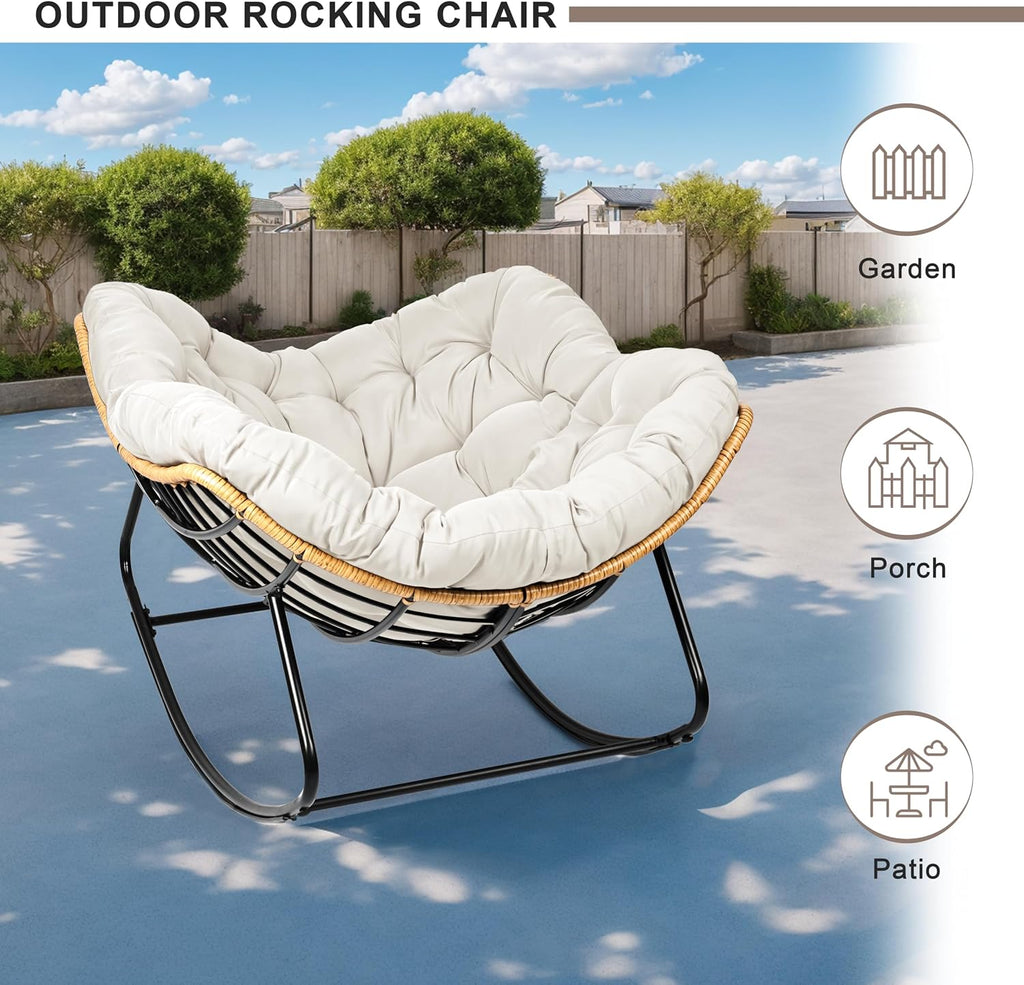 Outdoor Egg Rocking Chair, Indoor Papasan Rocking Chair with Thick Cushion, Modern Lounge Rocker for Balcony, Living Room, Bedroom, Porch, Lawn, Garden (Ivory)