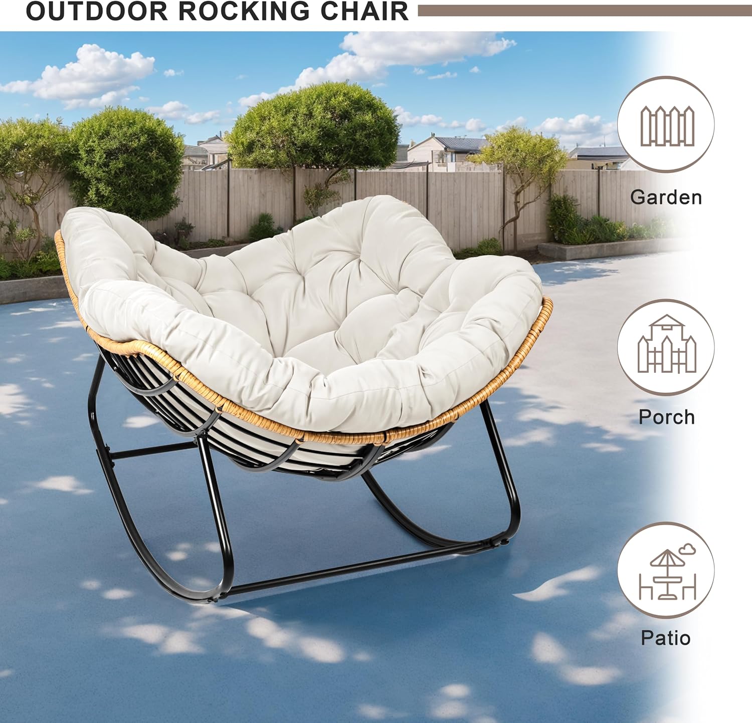 Outdoor Egg Rocking Chair, Indoor Papasan Rocking Chair with Thick Cushion, Modern Lounge Rocker for Balcony, Living Room, Bedroom, Porch, Lawn, Garden (Ivory)