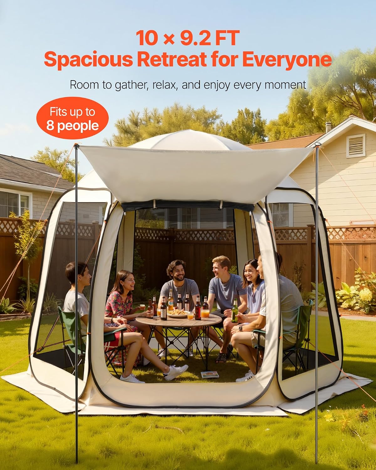 Pop Up Screen House Tent VEVOR 10 x 9.2 FT Pop-Up Screen Room with Awning, Portable Screen Tent Gazebo for 4–8 Person, Instant Screen Canopy with Carry Bag for Patio Backyard Camping
