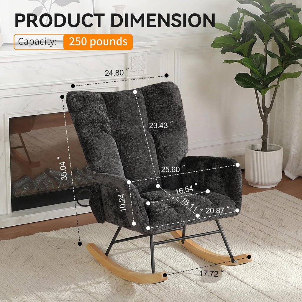 Rocking Chair with Airbag, Comfy Modern Reading & Nursing Nursery Rocking Chair indoor, Cozy Upholstered Glider Rocker Chairs with High Backrest for Living Room Bedroom Offices(Chenille, Black)