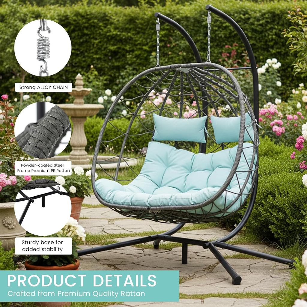 Hanging Double Egg Chair with Stand, 2 Person Comfy Patio Rattan Wicker Swing Hammock Chairs with Cushion, 700 LBS Capacity Egg Swing Chair for Indoor, Outdoor, Backyard, Balcony, Bedroom, Porch