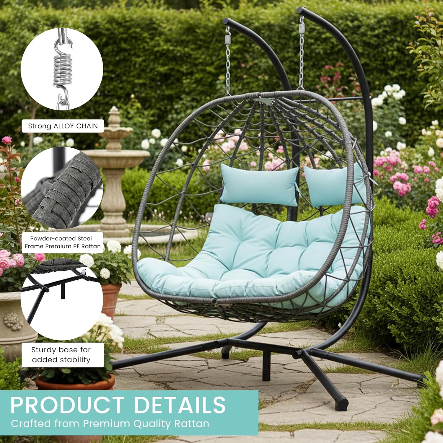 Hanging Double Egg Chair with Stand, 2 Person Comfy Patio Rattan Wicker Swing Hammock Chairs with Cushion, 700 LBS Capacity Egg Swing Chair for Indoor, Outdoor, Backyard, Balcony, Bedroom, Porch
