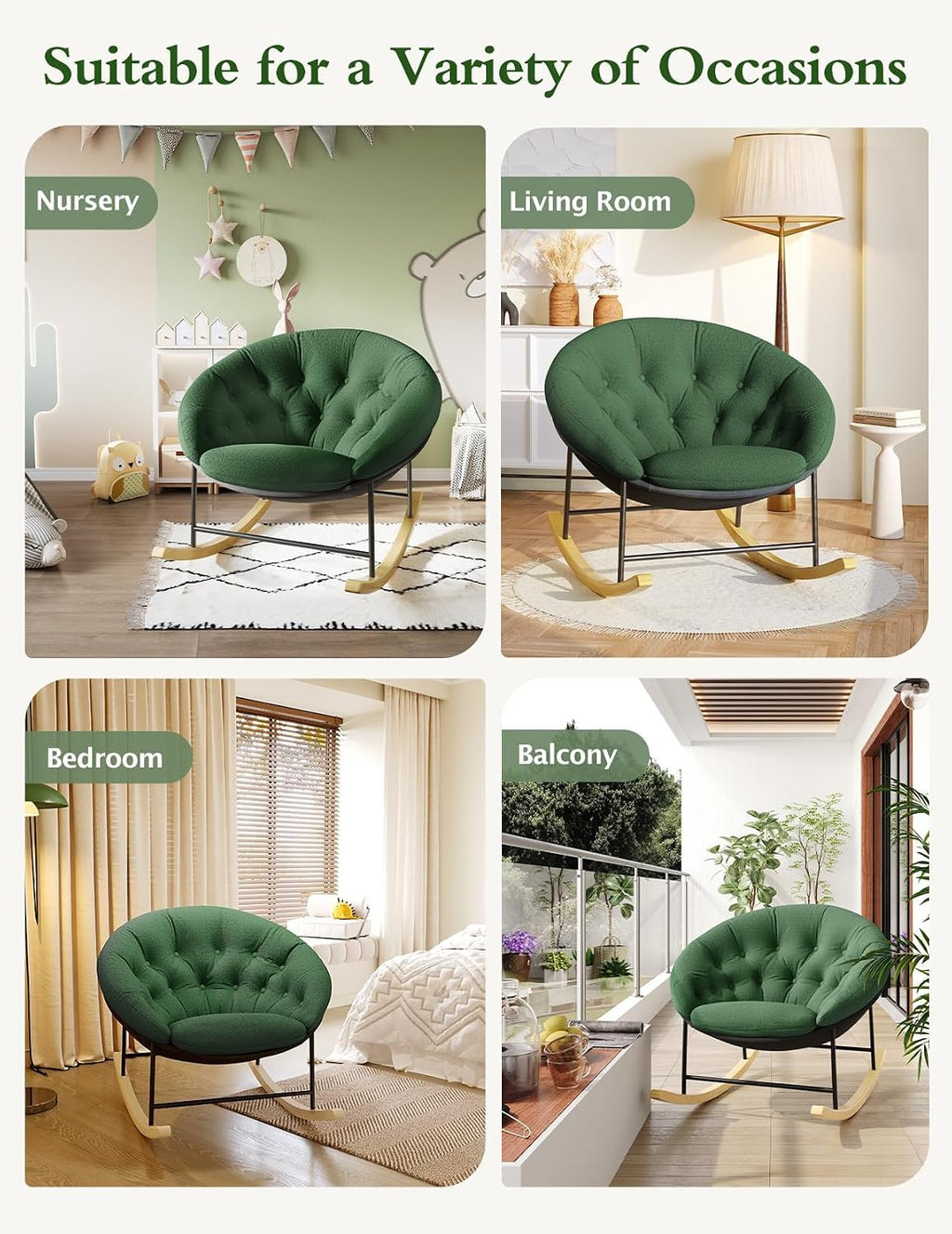 Kidirect Wide Rocking Chair Nursery, Comfy Saucer Nursery Rocking Chairs with Removable Cushion, Indoor Papasan Nursing Chair for Breastfeeding, Mecedora Para Adultos for Living Room & Bedroom (Green)