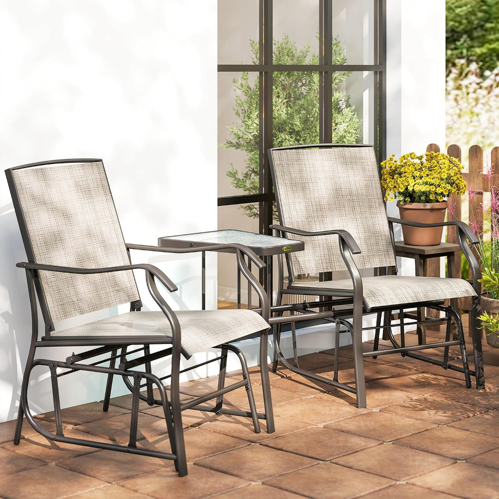 Outsunny Outdoor Glider Chairs with Coffee Table, Patio 2-Seat Rocking Chair Swing Loveseat with Breathable Sling for Backyard, Garden, and Porch, Light Brown