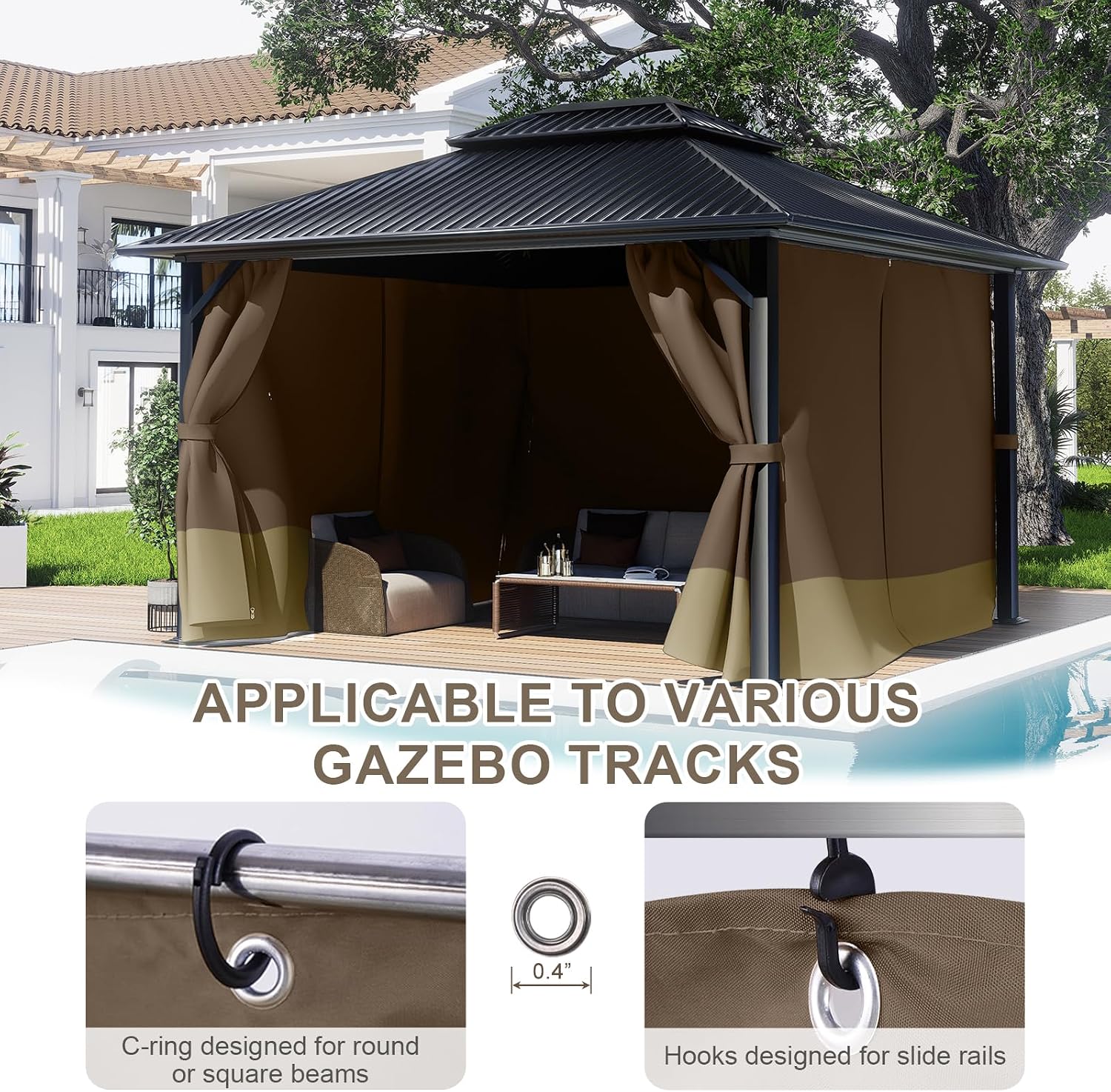 BPS 12' x 16' Gazebo Privacy Curtains with Double Zipper, 4-Panels Side Wall Universal Gazebo Side Panels Replacement for Patio, Outdoor Canopy, Garden and Backyard (Curtain Only)