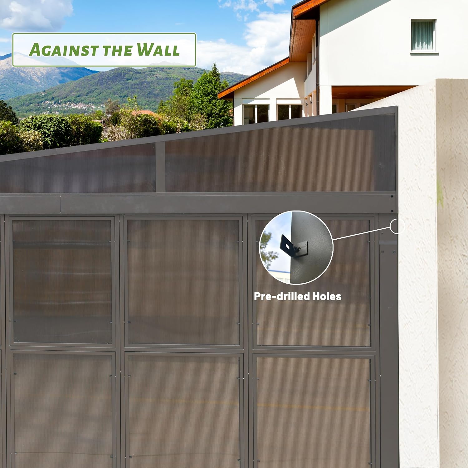 8x12FT Wall Mounted Sunroom Kit with 3 Sliding Double Doors (Front and 2 Sides), Patio Small Solarium All Season, Enclosed Lean to Gazebo with Galvanized Steel Roof and PC Windows for Backyard