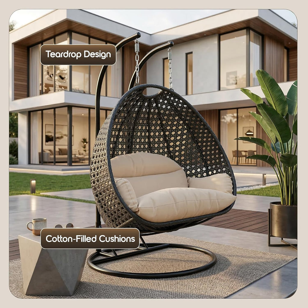 LeisureMod 2-Person Hanging Egg Chair with Stand, Dark Grey Cushions, Indoor Outdoor Wicker Patio Swing, Lounge Hammock Seat for Bedroom, Garden, Porch, Heavy-Duty Steel Frame (Cream)